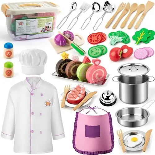 Produktbild: EFO SHM Kinderküche Zubehör Holz Spielküche Kinderspielzeug Simulation Lebensmittel Spielzeug Edelstahl Topf Kochschürze Set Spielküche Zubehör Cosplay Spielzeug Kleine Geschenke für Kinder ab 3 Jahre
