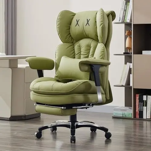 Produktbild: Efomao Bürostuhl, X-Stickerei Big and Tall Stuhl aus PU Leder für Zuhause, Verstellbarer Hochlehner Computer Gaming Stuhl, 200 kg drehbarer Chefsessel mit Fußstütze und Lendenwirbelstütze, Olivgrün