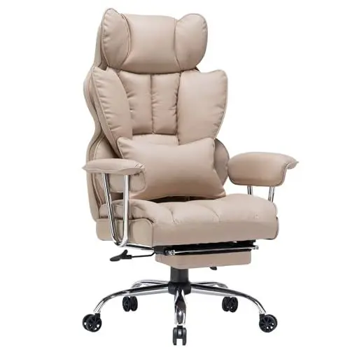 Produktbild: Efomao bürostuhl ergonomisch, PU Leder Chefsessel, bürostuhl 200 kg mit Fußstütze und Lendenwirbelstütze, Verstellbarer Stuhl mit hoher Rückenlehne, Dark Beige bürostuhl