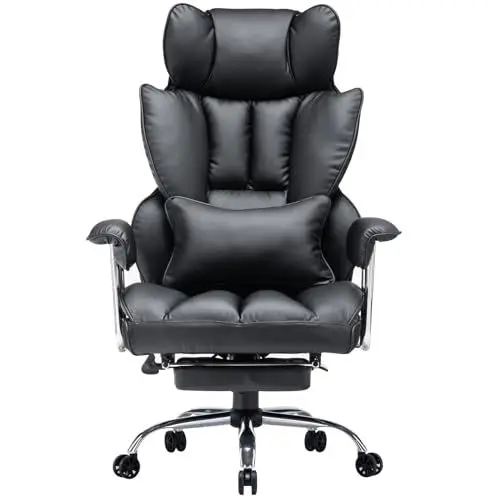 Produktbild: Efomao bürostuhl ergonomisch, PU Leder Chefsessel, bürostuhl 200 kg mit Fußstütze und Lendenwirbelstütze, Verstellbarer Stuhl mit hoher Rückenlehne, Schwarzer