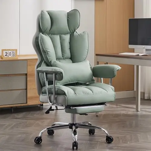 Produktbild: Efomao bürostuhl ergonomisch, PU Leder Chefsessel, bürostuhl 200 kg mit Fußstütze und Lendenwirbelstütze, Verstellbarer Stuhl mit hoher Rückenlehne, hellgrün
