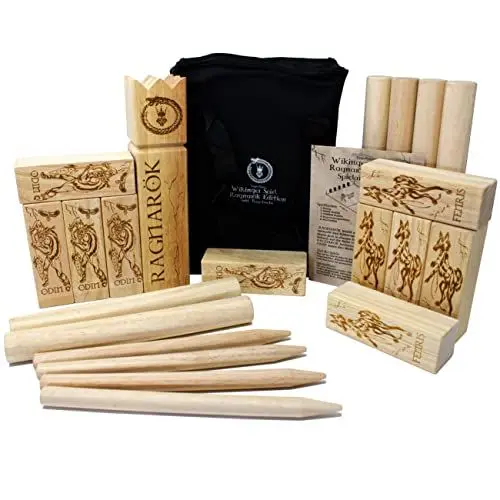 Produktbild: Eggcellence© Wikinger Kubb Ragnarök Edition - Spiele als Odin oder FENRIS - Schwedenschach aus Gummibaum Holz - Kubb Spiel Outdoor Holz original