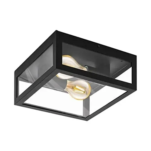 Produktbild: EGLO Außen-Deckenlampe Alamonte 1, 2 flammige Außenleuchte, Deckenleuchte aus Stahl verzinkt in Schwarz, Glas in Transparent, E27 Fassung, IP44