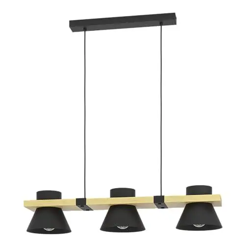 Produktbild: EGLO Hängelampe Maccles, 3-flammige Pendelleuchte über Esstisch, FSC100HB, Esszimmerlampe aus Holz und Metall in Schwarz, Hängeleuchte mit E27 Fassung, 78 cm