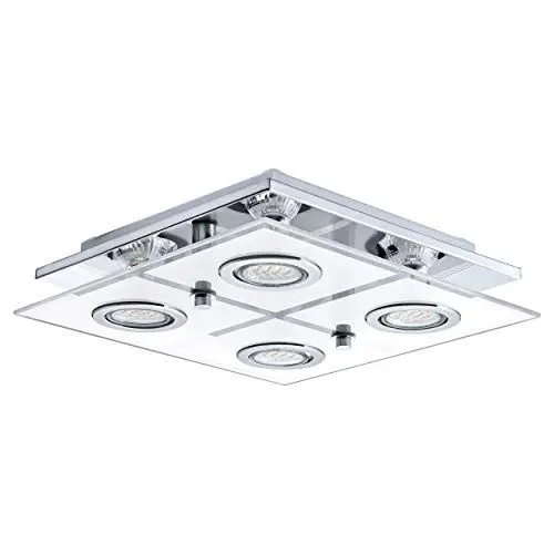 Produktbild: EGLO LED Deckenlampe Cabo, 4 flammige Deckenleuchte, Deckenstrahler aus Edelstahl und satiniertem Glas, Wohnzimmerlampe in Chrom, Weiß, Klar, Küchenlampe, Flurlampe Decke mit GU10 Fassung, L x B 29 cm