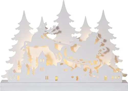Produktbild: EGLO LED Weihnachtsdeko, Weihnachts-Silhouette aus Holz, Weihnachtsdorf mit Weihnachtsmann, Winterlandschaft in Weiß mit Timer und batteriebetriebener Beleuchtung, warmweiß, 42 x 30 cm