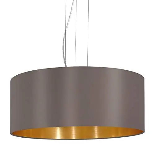 Produktbild: EGLO Pendellampe Maserlo, 3 flammige Textil Pendelleuchte, Hängeleuchte aus Metall in Silber mit Lampenschirm in Cappuccino und Gold, E27 Fassung, Ø 53 cm