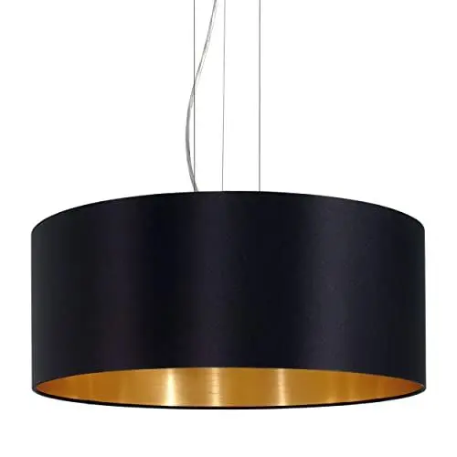 Produktbild: EGLO Pendellampe Maserlo, 3 flammige Textil Pendelleuchte, Hängeleuchte aus Stahl in Silber und Stoff in Schwarz und Gold, E27 Fassung, Ø 53 cm