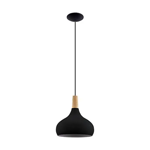 Produktbild: EGLO Pendelleuchte Esstisch Sabinar, Hängelampe für Wohnzimmer und Esszimmer, Esszimmerlampe aus Metall in schwarz und Holz in Natur, FSC100HB, Lampe hängend mit E27 Fassung, Ø 28 cm