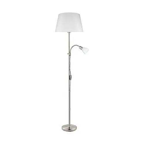 Produktbild: EGLO Stehlampe Conesa, 2 flammige Stehleuchte, Standleuchte aus Metall in Nickel-Matt, Textil in Weiß, und Glas, Wohnzimmerlampe, Deckenfluter mit Leselampe, E27, E14