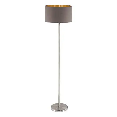 Produktbild: EGLO Stehlampe Maserlo, Textil Stehleuchte, Standleuchte aus Metall in Silber mit Lampenschirm in Cappuccino und Gold, E27 Fassung, inkl. Trittschalter