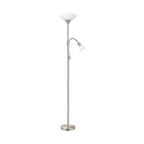 Produktbild: EGLO Stehlampe Up 2, 2 flammige Stehleuchte, Standleuchte aus Metall, Glas und Kunststoff, Wohnzimmerlampe in Silber, Weiß, Lampe mit Schalter, Deckenfluter mit Leselampe, E27, E14