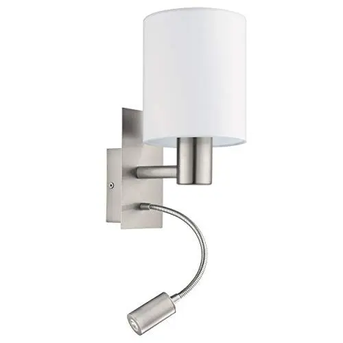 Produktbild: EGLO Wandlampe Pasteri, 2-flammige Textil Wandleuchte mit LED Leselicht, Leselampe aus Metall in Silber und Stoff in Weiß, E27 Fassung