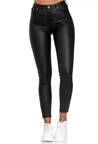 Produktbild: EGOMAXX Damen Hose Leder Optik Skinny Coated Denim Biker Pants Kunstleder, Farben:Schwarz, Größe:36