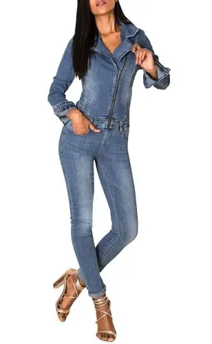 Produktbild: EGOMAXX Damen Jeans Anzug Overall Biker Jumpsuit Hosenanzug Einteiler Asymmetrisch, Farben:Blau, Größe:44
