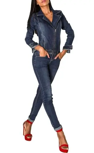 Produktbild: EGOMAXX Damen Jeans Anzug Overall Biker Jumpsuit Hosenanzug Einteiler Asymmetrisch, Farben:Dunkelblau, Größe:42