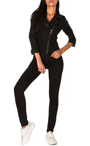 Produktbild: EGOMAXX Damen Jeans Anzug Overall Biker Jumpsuit Hosenanzug Einteiler Asymmetrisch, Farben:Schwarz, Größe:44