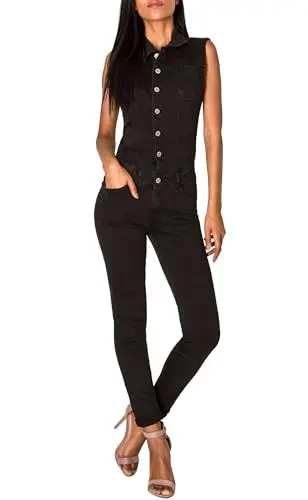 Produktbild: EGOMAXX Damen Jeans Overall Jumpsuit Ärmellos Hosenanzug Einteiler, Farben:Schwarz, Größe:44