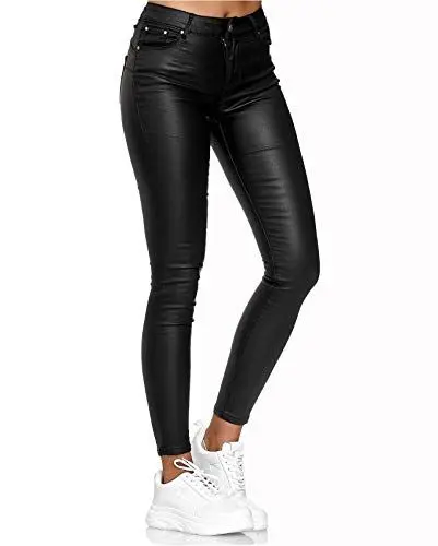 Produktbild: EGOMAXX Damen Leder Hose Imitat Push Up Classic Skinny Coated Denim Biker Pants, Farben:Schwarz-2, Größe:40