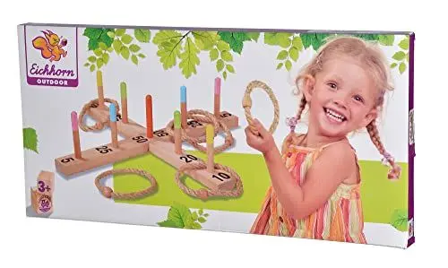 Produktbild: Eichhorn 100004405 - Outdoor Ringwurfspiel - 50x50cm mit 5 Wurfringen, 1 Kreuz, 9 Spielstäben, aus Kiefernholz, Wurfspiel für draußen