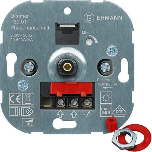 Produktbild: EHMANN 3900x0100 T39.01 Unterputz-Dimmer, Phasenanschnitt, 230 V, 50 Hz, Leistung: 20-500 W/VA, inkl. Schalterprogramm-Adapter