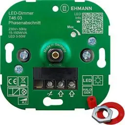 Produktbild: EHMANN 4600x0300 Unterputzdimmer T46.03 Unterputz-Dimmer, Phasenabschnitt, 230 V, 50 Hz, Leistung: LED 3-50 W, 15-150 W/VA, inkl. Schalterprogramm-Adapter