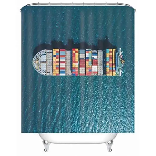 Produktbild: EHOMERY Duschvorhangvorrichtung Duschrollo Maßanfertigung Seekreuzfahrt Polyester Blau Rostfreie Ösen Und 12 Hakenringe, 180X200Cm
