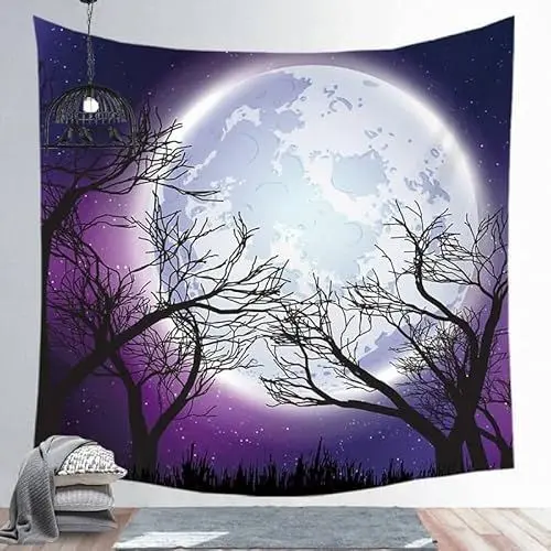 Produktbild: EHOMERY Wandteppich Cute Wanddekoration Esszimmer Lila Mond In Der Baumkrone Wandbehang Wohnzimmer Bilder Wandbehang Wandschmuck Groß Schlafzimmer Wohnzimmer 130X150Cm