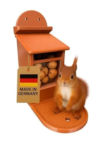 Produktbild: Eichhörnchen Futterhaus Braun – Wetterfest & Stabil mit Kunststoffscheibe, Belüftetem Futterreservoir & Rutschfester Sitzfläche – Sicher & Langlebig für Garten & Balkon (Braun)