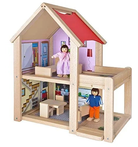 Produktbild: Eichhorn 100002501 - Puppenhaus fertig montiert inklusive 2 Puppen und Möbeln, 9-TLG., 22,5x36x41cm, Buchenholz