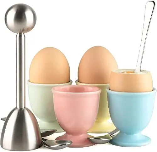 Produktbild: Eierbecher aus Keramik für weiche, hart gekochte Eier, Schalenentfernung inkl. 1 Eierschneider, 4 Keramik-Eierbecher und 4 Löffel (Eierknacker-Top-Set)
