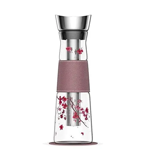 Produktbild: Eigenart Eve Cherry Blossom Karaffe aus Glas mit Deckel, Sieb und veganer Kunstleder-Manschette und Untersetzer, BPA frei, 1,25L, 31000
