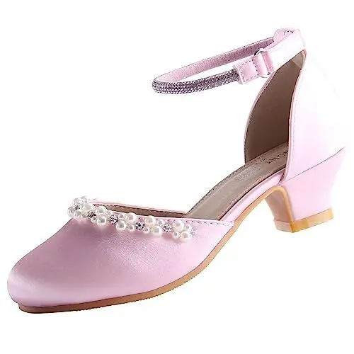 Produktbild: EIGHT KM Mädchen High Heel Kleidschuhe Prinzessin Hochzeit Party Pumps Schuhe EKM7033 Glatte Glänzende Perlsseide Pink EU Größe 30