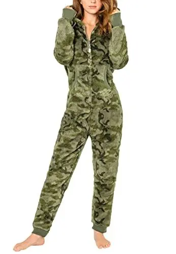 Produktbild: Eight 2 Nine Damen Teddyfleece Jumpsuit mit Kapuze und Öhrchen, Flauschiger Overall mit Daumenlöchern, kuschelig bequemer One-Piece für entspannte Stunden, schwarz, grau, rosa XS-XL Dark-Green L/XL