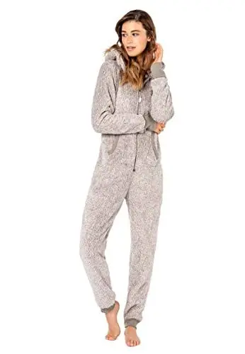 Produktbild: Eight 2 Nine Damen Teddyfleece Jumpsuit mit Kapuze und Öhrchen, Flauschiger Overall mit Daumenlöchern, kuschelig bequemer One-Piece für entspannte Stunden, schwarz, grau, rosa XS-XL Light-grey1 L/XL
