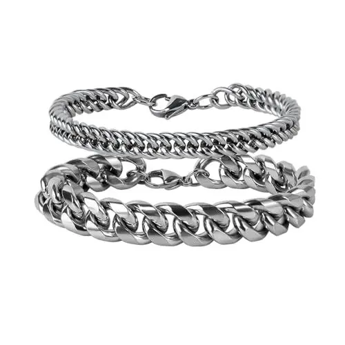 Produktbild: Eigso 2 Pcs Herren Edelstahl kubanische Link Kette Armband Set für Männer Frauen robuste Kreuz Silber Kandare Breite kubanische Link Kette Armbänder für Mann Frau