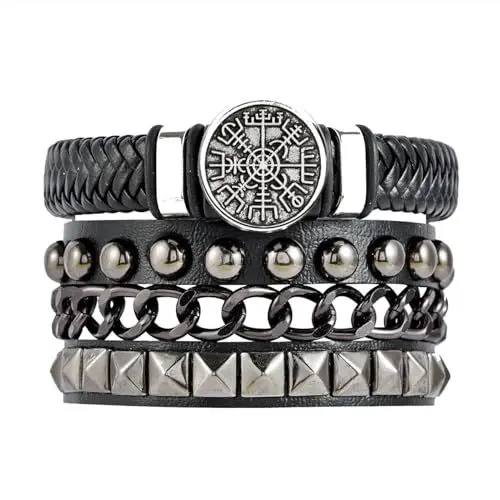 Produktbild: Eigso 2 Stück Lederarmband Manschette für Mann Frau Oldschool Wikinger Kompass Anhänger Armband Set für Männer Frauen