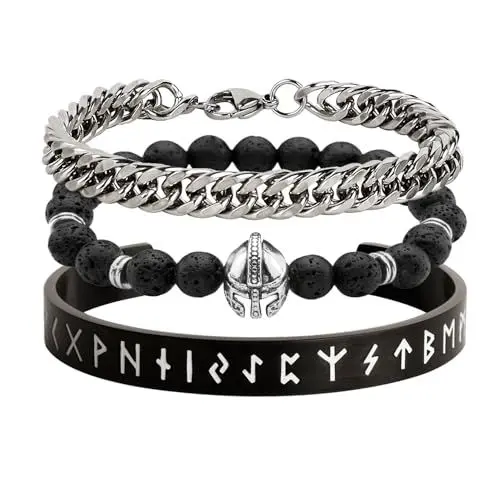 Produktbild: Eigso 3 Stück Silber Lava Rock Viking Celt Manschette Armbänder für Männer Frauen Edelstahl klassische Runenzeichen Armreif für Mann Frau