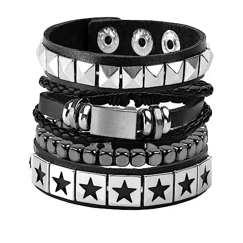 Produktbild: Eigso 4 Pcs PU Leder Punk Armbänder für Männer Frauen Vintage Rock Star Armbänder für Mann Frau