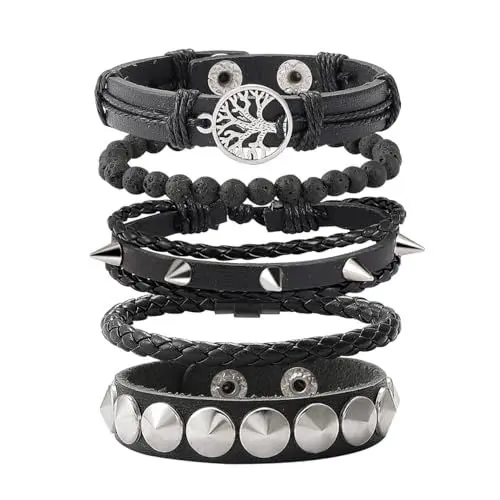 Produktbild: Eigso Schwarzes Rockband für Damen Herren Punk Leder Nietenarmbänder 80S Rock Gothic Armband für Frau Mann