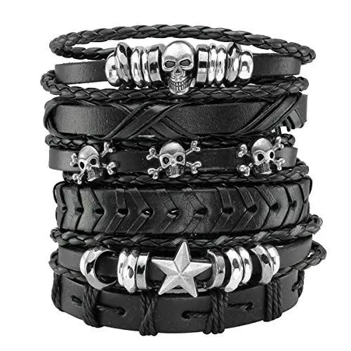 Produktbild: Eigso 6 Pcs Lederarmband Geflochtenes Breites PU Leder mit Schädel Stern Damen Herren Punk Schwarz