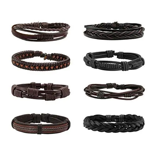 Produktbild: Eigso 8-teiliges geflochtenes Lederarmband-Set für Männer und Frauen, Hanfschnüre, verstellbare Wickelarmbänder
