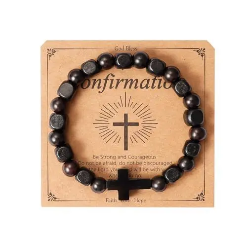 Produktbild: Eigso Holzperlen Kreuz Armband für Männer Frauen Schwarz 8MM Onyx Perlen Armband für Mann Frau