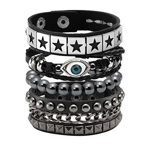 Produktbild: Eigso Punk Evil Eye Leder Nieten Armband Set für Männer Frauen Retro 80s Manschette Armbänder für Mann Frau