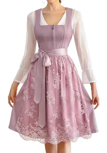 Produktbild: EIISSION Dirndl Damen Trachtenkleid Dirndlkleid midi Tracht Damen Lang Rosa 3 Teilig mit Trachtenrock Langärmel Dirndlbluse Schürze Trachtenmode Trachten Kleid für Oktoberfest 38
