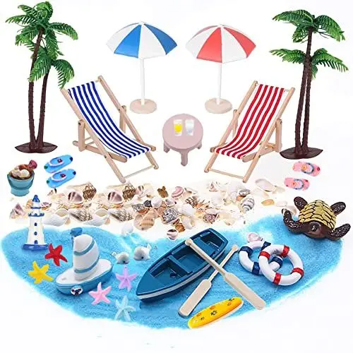 Produktbild: EIKEJI 31 Stück Strand-Mikrolandschaft Miniliegestuhl Strandkorb Sonnenschirm Kleine Palme Deko Accessoires,Miniatur-Ornament-Set für DIY,für DIY Zen Garten Dekoration Einzigartiges Geldgeschenk