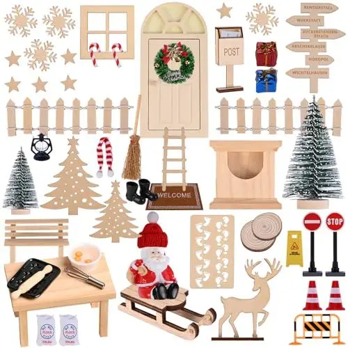 Produktbild: EIKEJI 57 PCS Wichtel Set Weihnachten Komplettset, Wichteltür Zubehör mit Baustelle, Wichteltür Tür Im Dunkeln Leuchten, Weihnachtsdeko Wichtel Set Deko Holz Miniatur Elfentür, DIY Geschenk für Kinder