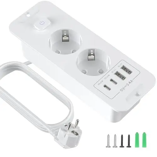 Produktbild: 2 Fach Einbausteckdose, Tischsteckdose mit USB-A & USB-C, mit 2M Verlängerungskabe Und Schalter Einbau Steckdosenleiste, für Büro, zu Hause (Weiß)