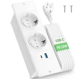 Produktbild: Einbausteckdose mit USB C PD20W, Einbau Steckdosenleiste mit USB, Versenkte Steckdose für Arbeitsplatte Möbel, 2 M Kabel, Weiß