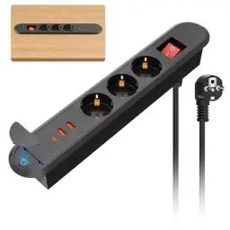Produktbild: Einbausteckdose mit USB C PD20W, Versenkbare Steckdose 3-Fach Tischsteckdose mit 2 USB A, Einbau Steckdosenleiste für Tischplatte Arbeitsplatte Möbel Nachttisch, 2m Kabel, Schwarz